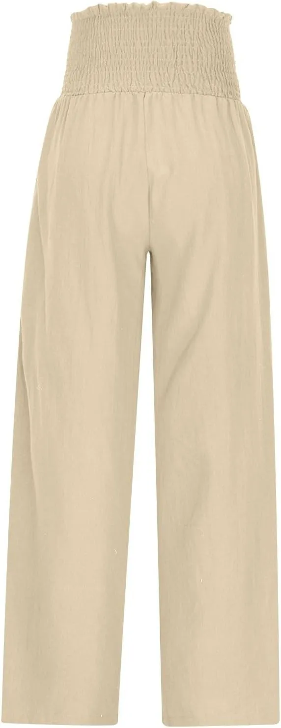 Linen Pants Women Drawstring Waist Wide Leg Linen Pants High Waist Summer Casual Pants Pockets Vacation Beach Trousers