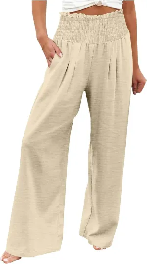 Linen Pants Women Drawstring Waist Wide Leg Linen Pants High Waist Summer Casual Pants Pockets Vacation Beach Trousers