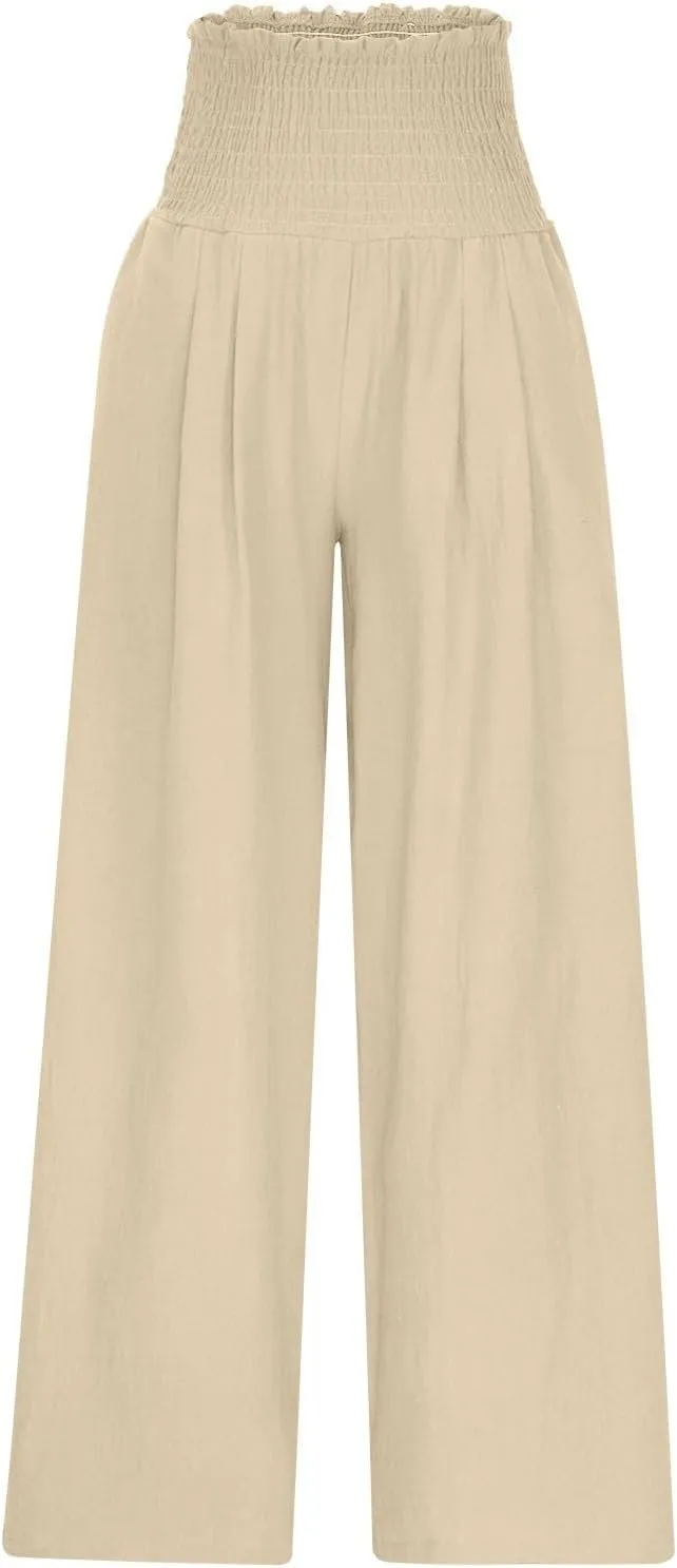 Linen Pants Women Drawstring Waist Wide Leg Linen Pants High Waist Summer Casual Pants Pockets Vacation Beach Trousers