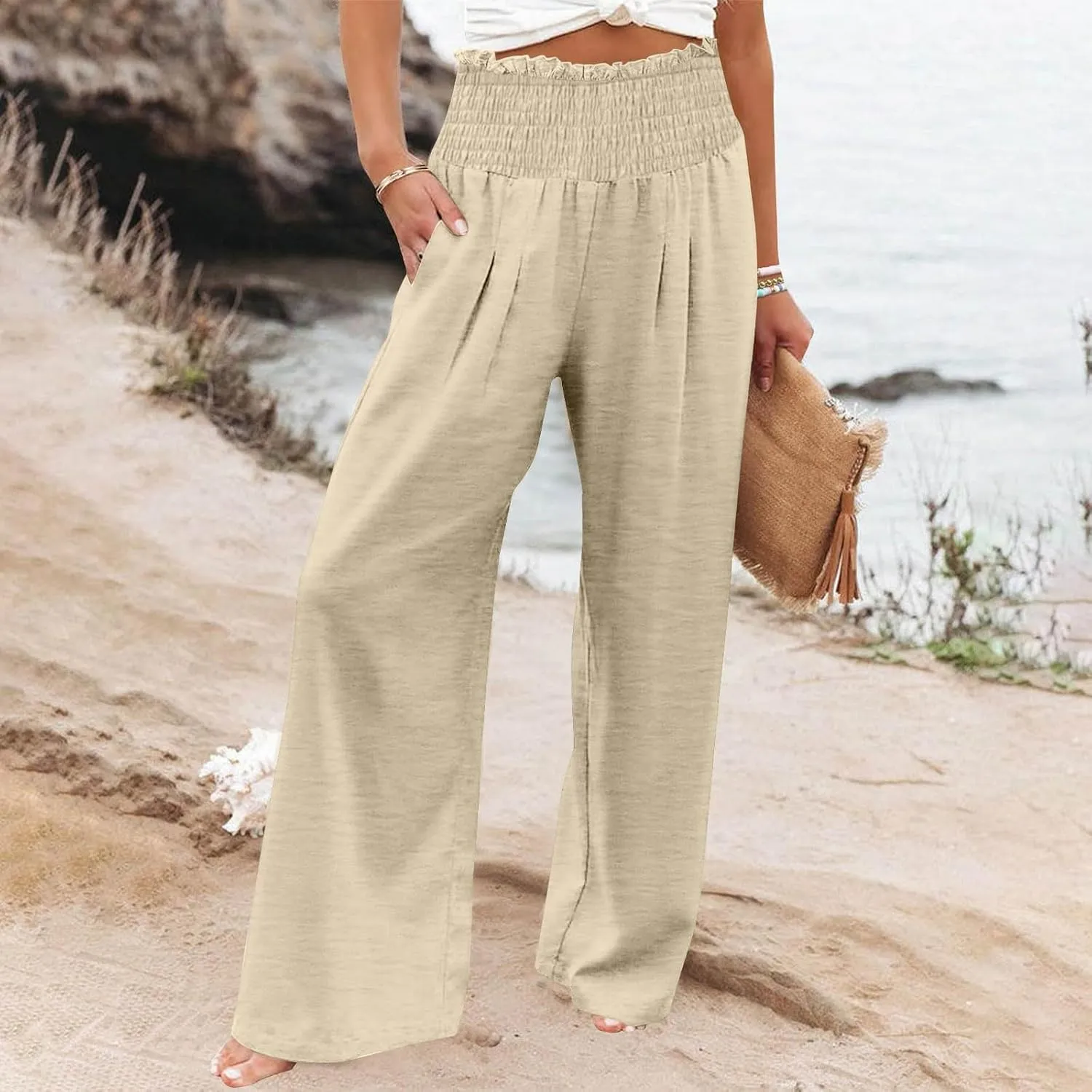 Linen Pants Women Drawstring Waist Wide Leg Linen Pants High Waist Summer Casual Pants Pockets Vacation Beach Trousers