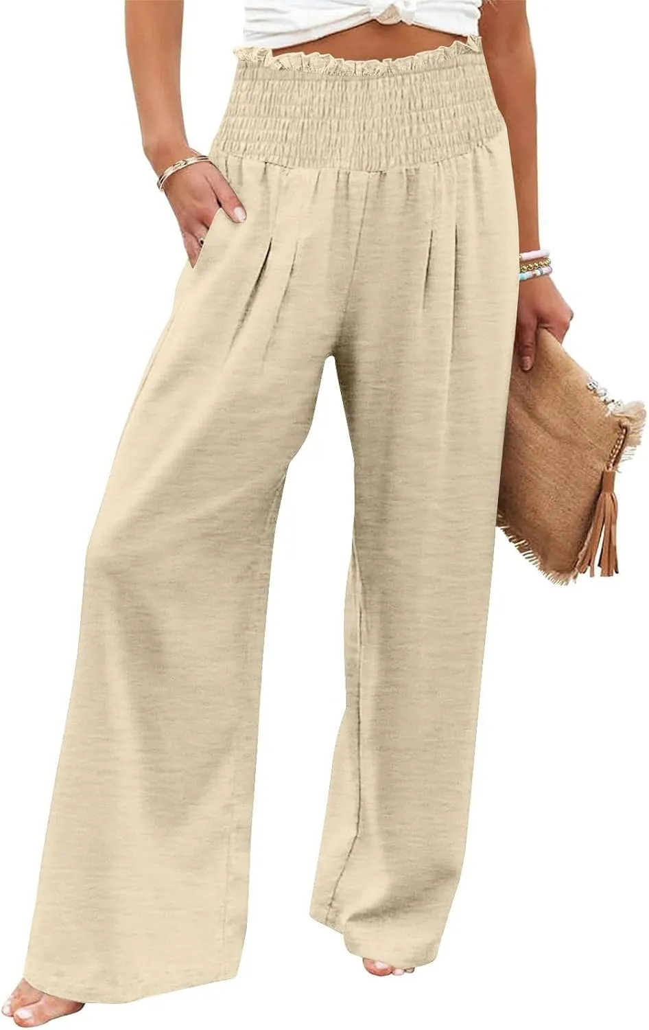 Linen Pants Women Drawstring Waist Wide Leg Linen Pants High Waist Summer Casual Pants Pockets Vacation Beach Trousers