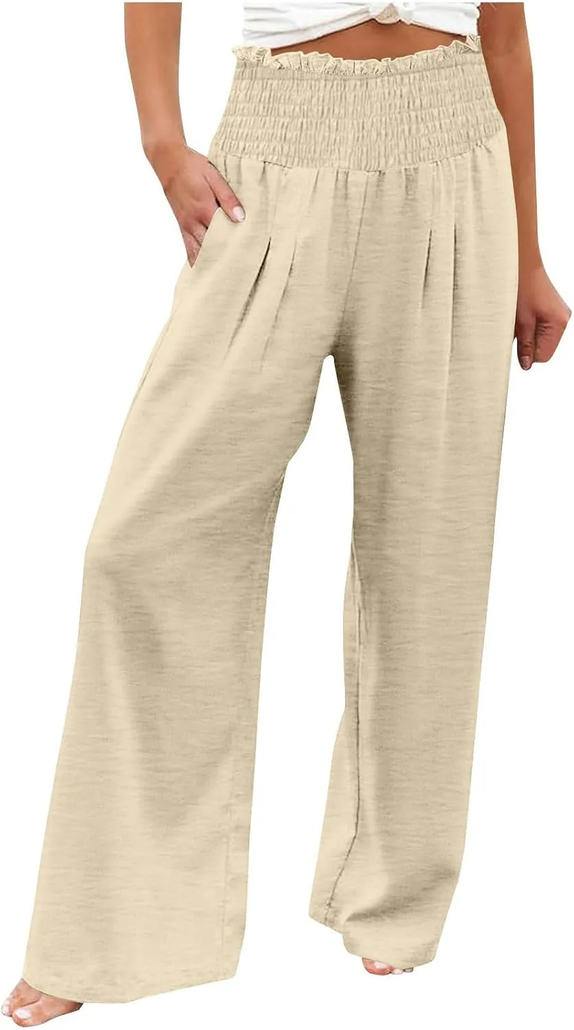 Linen Pants Women Drawstring Waist Wide Leg Linen Pants High Waist Summer Casual Pants Pockets Vacation Beach Trousers
