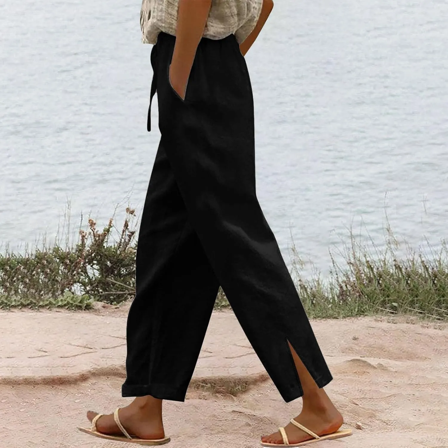 Linen Pants Women High Waist Elastic Straight Leg Lounge Pant 2025 Summer Casual Loose Lightweight Beach Trousers