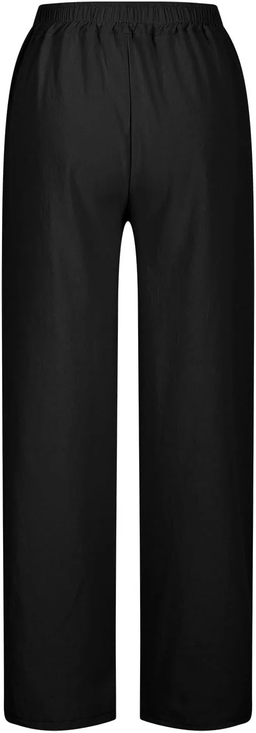 Linen Pants Women High Waist Elastic Straight Leg Lounge Pant 2025 Summer Casual Loose Lightweight Beach Trousers