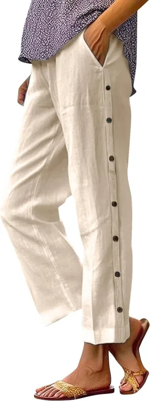 Linen Pants Women Lightweight Cotton Linend Summer Pants Casual Beach Elastic Waist Straight Trousers