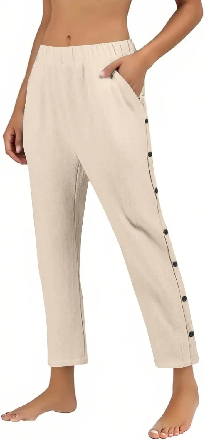 Linen Pants Women Lightweight Cotton Linend Summer Pants Casual Beach Elastic Waist Straight Trousers
