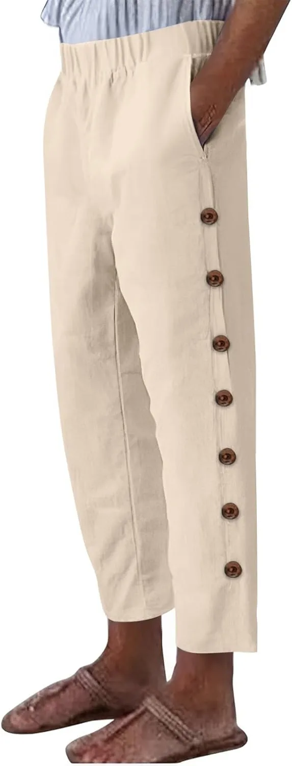 Linen Pants Women Lightweight Cotton Linend Summer Pants Casual Beach Elastic Waist Straight Trousers