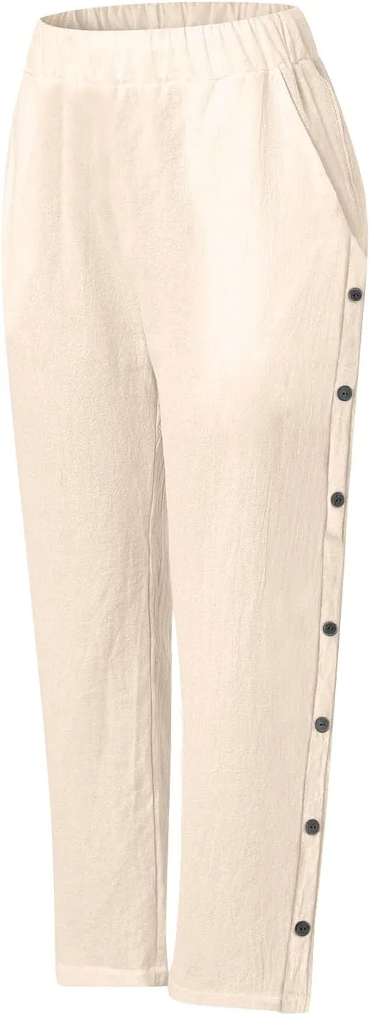 Linen Pants Women Lightweight Cotton Linend Summer Pants Casual Beach Elastic Waist Straight Trousers