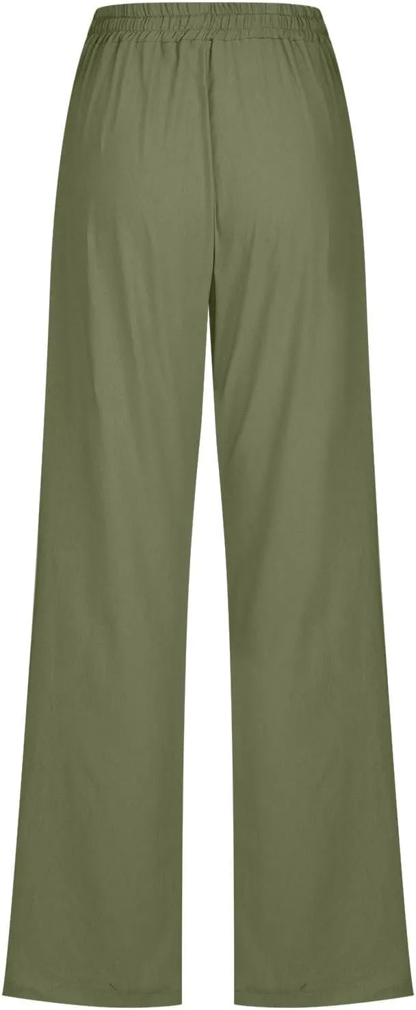 Linen Pants Women Summer Casual Straight Leg Pants Trendy Drawstring Waist Loose Beach Trousers Lounge Palazzo