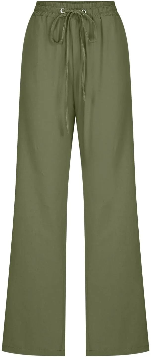 Linen Pants Women Summer Casual Straight Leg Pants Trendy Drawstring Waist Loose Beach Trousers Lounge Palazzo