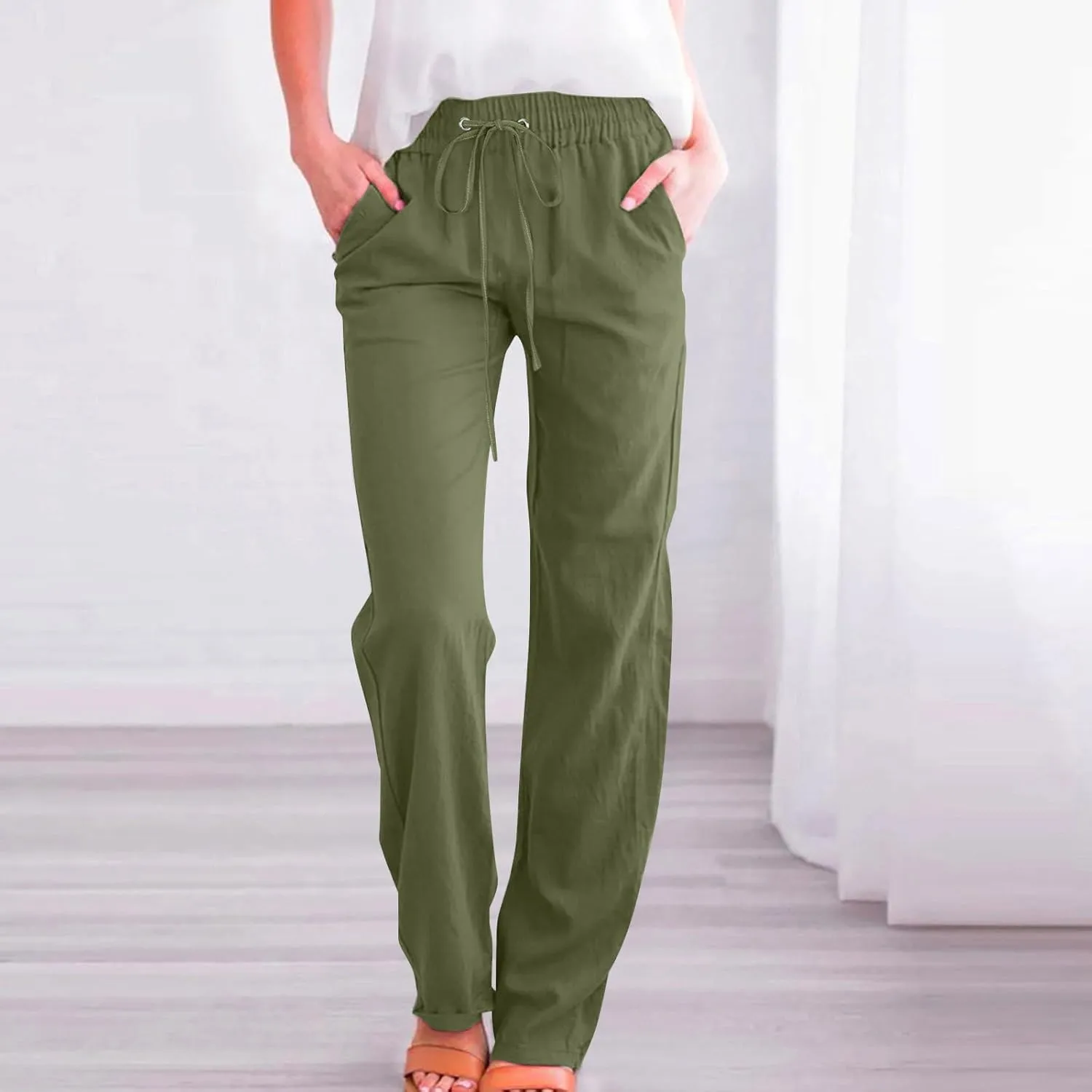 Linen Pants Women Summer Casual Straight Leg Pants Trendy Drawstring Waist Loose Beach Trousers Lounge Palazzo