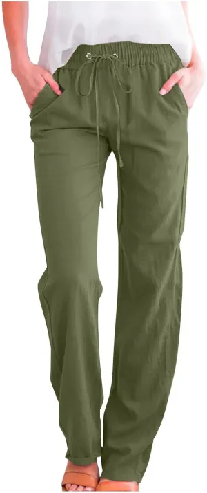Linen Pants Women Summer Casual Straight Leg Pants Trendy Drawstring Waist Loose Beach Trousers Lounge Palazzo