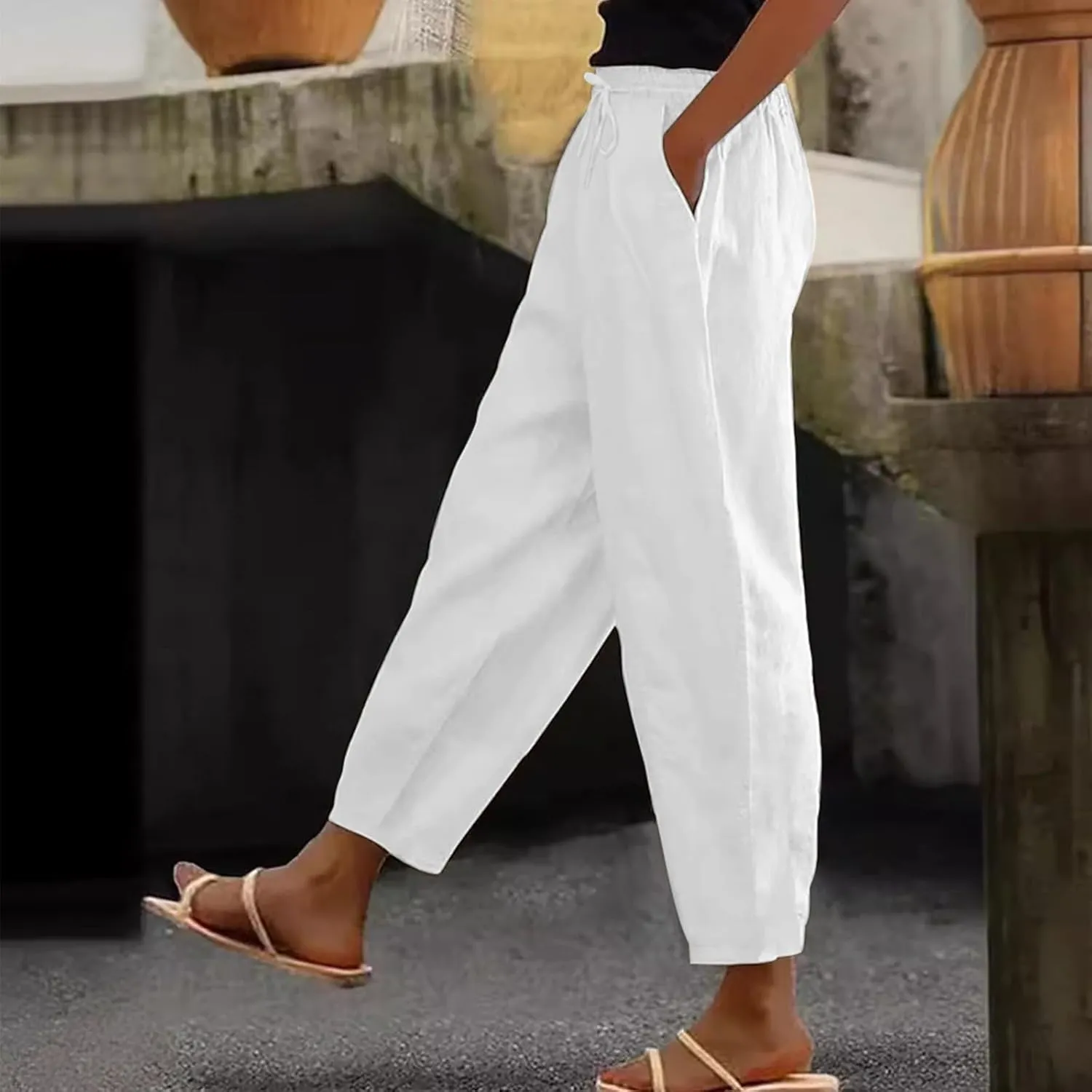 Linen Pants Women Summer High Elastic Waist Drawstring Palazzo Pants Straight Leg Slacks with Pockets