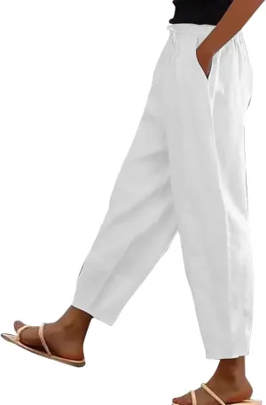 Linen Pants Women Summer High Elastic Waist Drawstring Palazzo Pants Straight Leg Slacks with Pockets