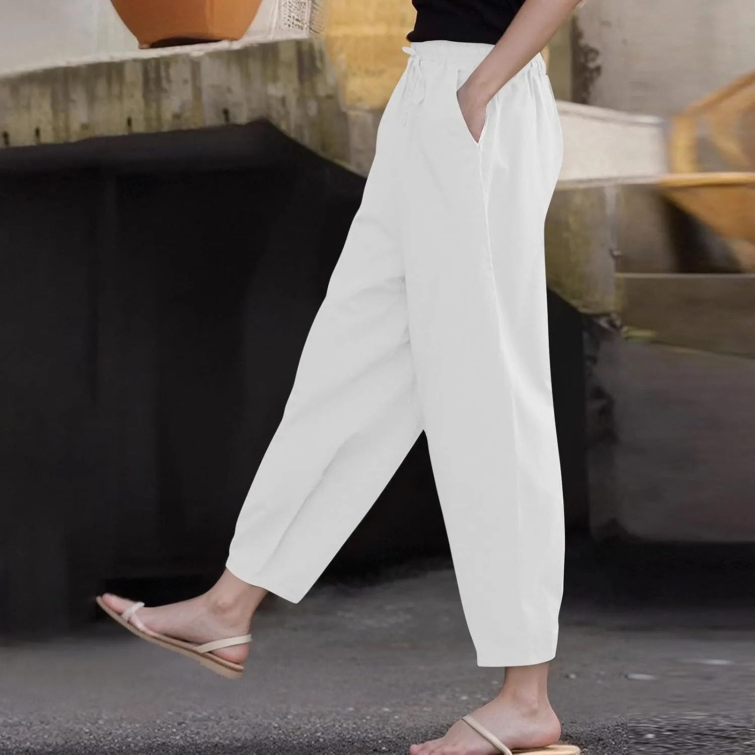 Linen Pants Women Summer High Elastic Waist Drawstring Palazzo Pants Straight Leg Slacks with Pockets
