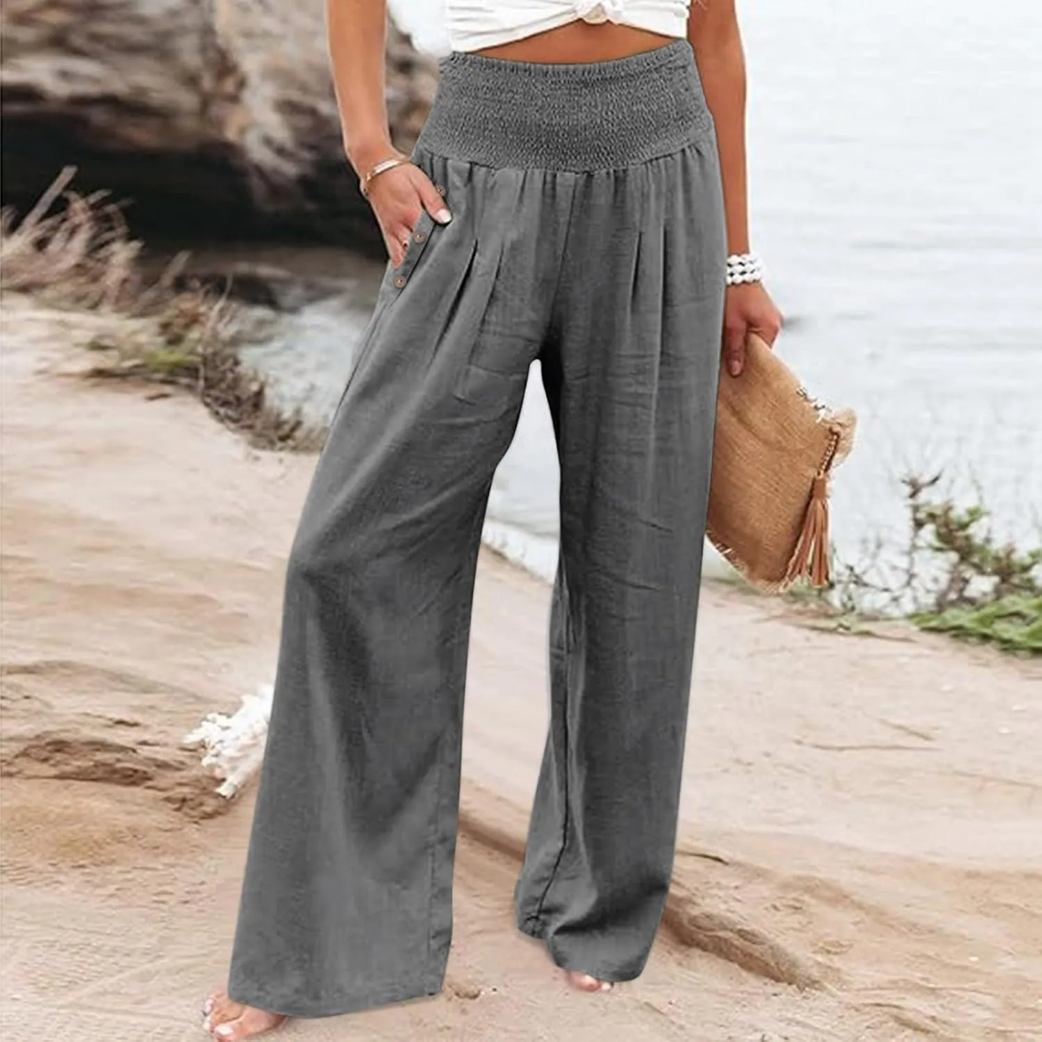 Linen Pants Women Summer Wide Leg High Waist Smocked Palazzo Pants Beach Travel Trousers with Pockets Boho Flowy Work Pants