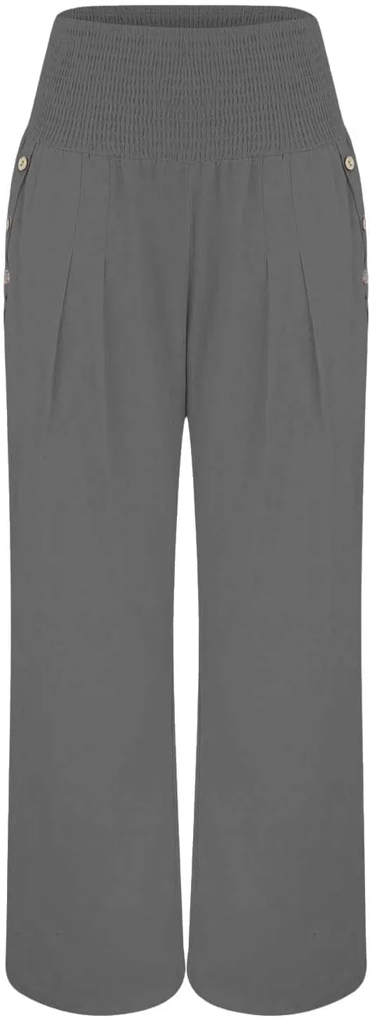 Linen Pants Women Summer Wide Leg High Waist Smocked Palazzo Pants Beach Travel Trousers with Pockets Boho Flowy Work Pants