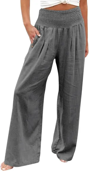 Linen Pants Women Summer Wide Leg High Waist Smocked Palazzo Pants Beach Travel Trousers with Pockets Boho Flowy Work Pants