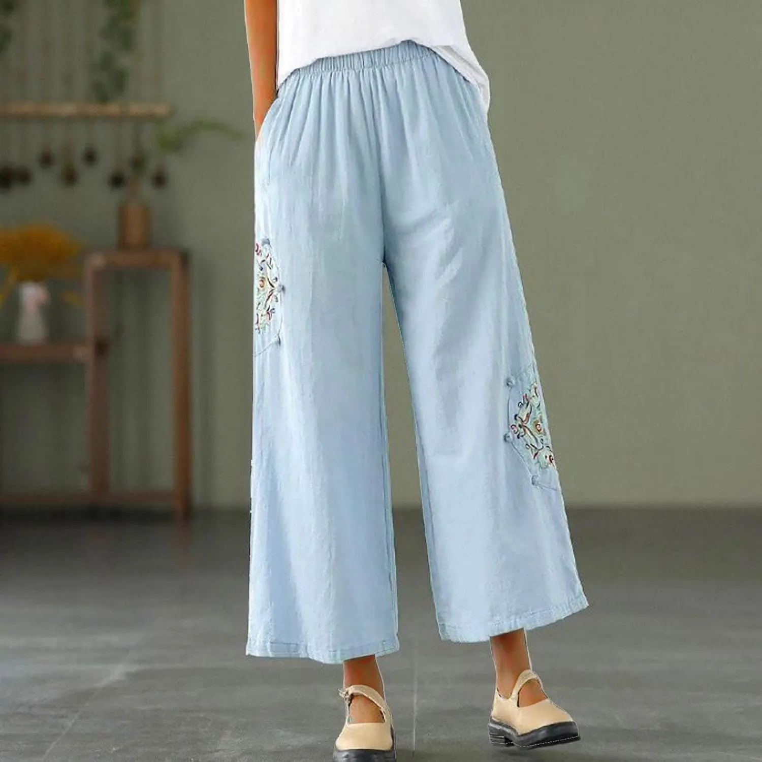 Linen Pants Women Trendy Ethnic Embroidered Cropped Trousers Summer Casual Wide Leg Lounge Palazzo with Pockets