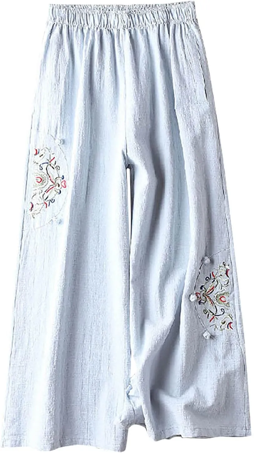 Linen Pants Women Trendy Ethnic Embroidered Cropped Trousers Summer Casual Wide Leg Lounge Palazzo with Pockets