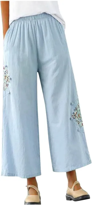 Linen Pants Women Trendy Ethnic Embroidered Cropped Trousers Summer Casual Wide Leg Lounge Palazzo with Pockets