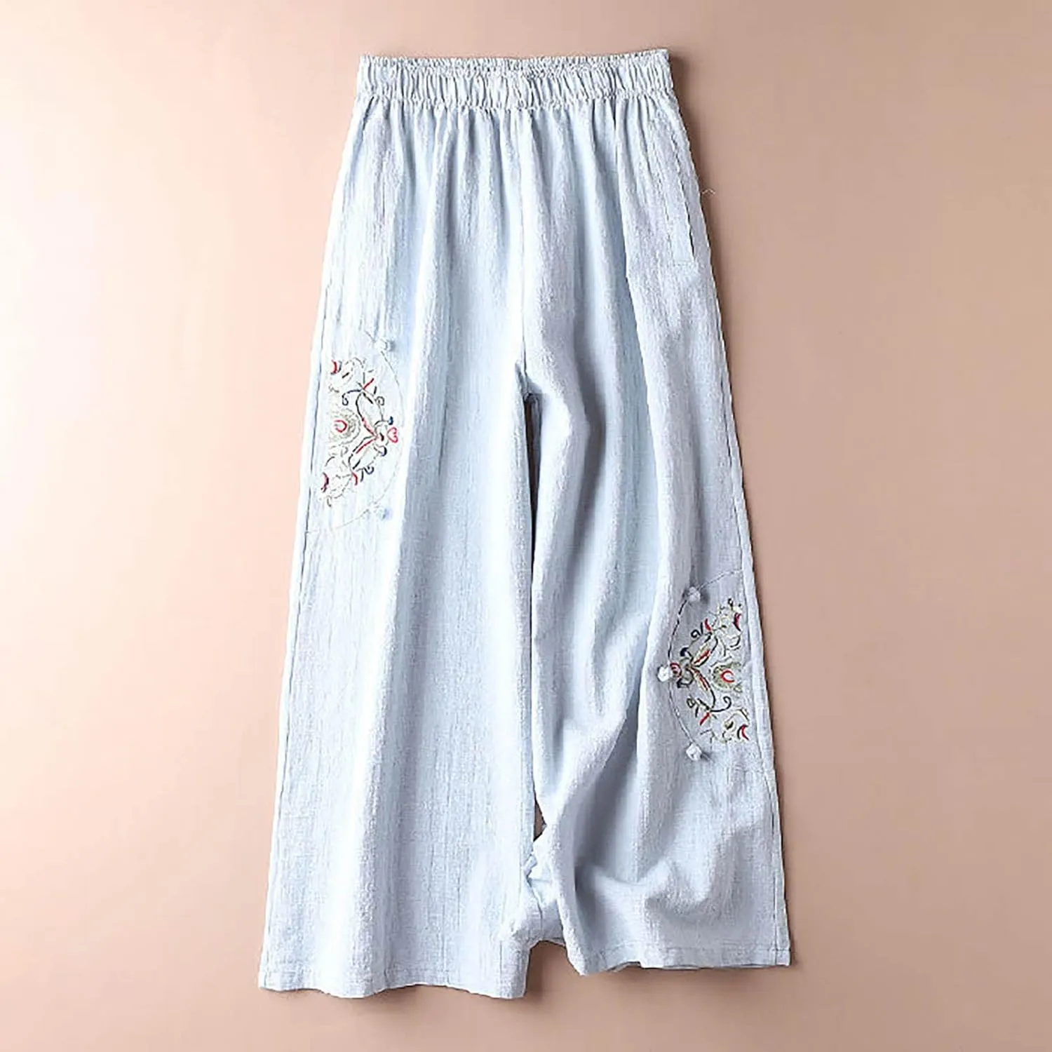 Linen Pants Women Trendy Ethnic Embroidered Cropped Trousers Summer Casual Wide Leg Lounge Palazzo with Pockets