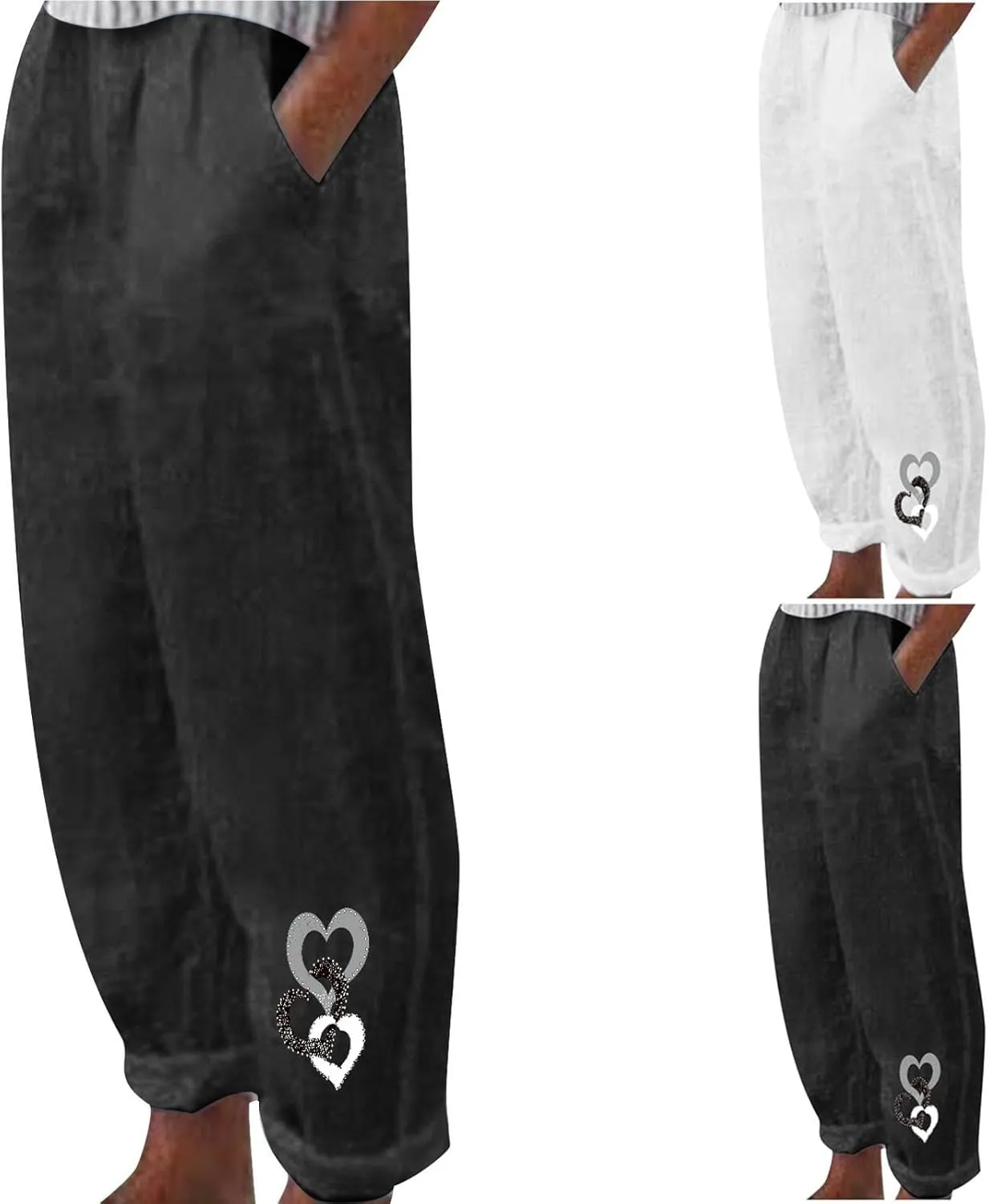 Linen Pants Women Trendy Heart Print Loose Fit Beach Trousers Summer Casual Elastic High Waist Pant Lounge Palazzo