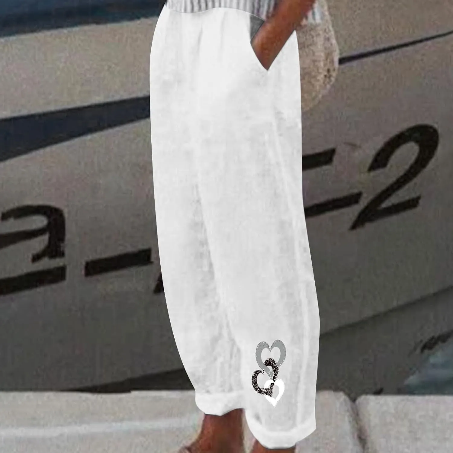 Linen Pants Women Trendy Heart Print Loose Fit Beach Trousers Summer Casual Elastic High Waist Pant Lounge Palazzo