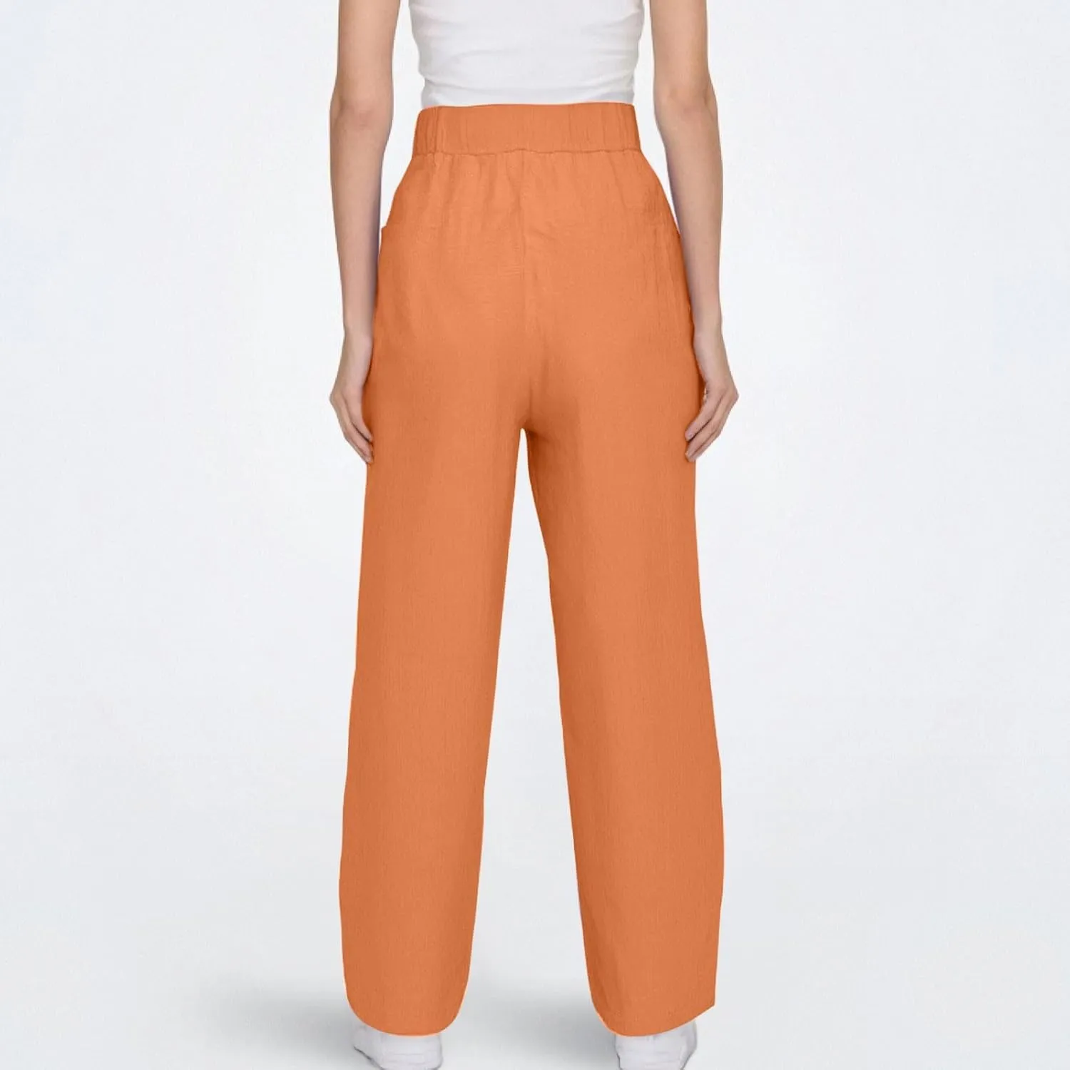 Linen Pants Women with Pockets High Elastic Waist Slim Fit Slacks Straight Leg Drawstring Palazzo Pants