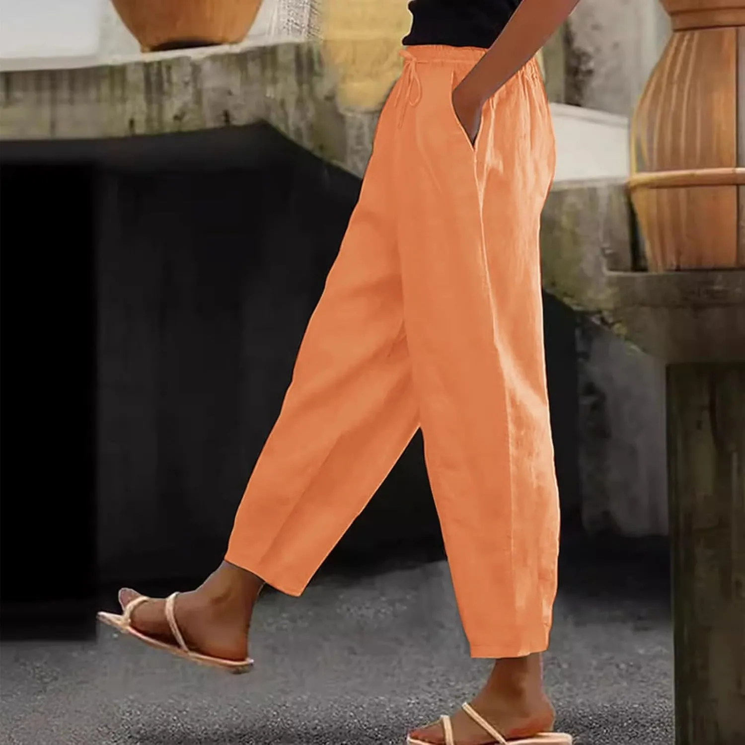 Linen Pants Women with Pockets High Elastic Waist Slim Fit Slacks Straight Leg Drawstring Palazzo Pants