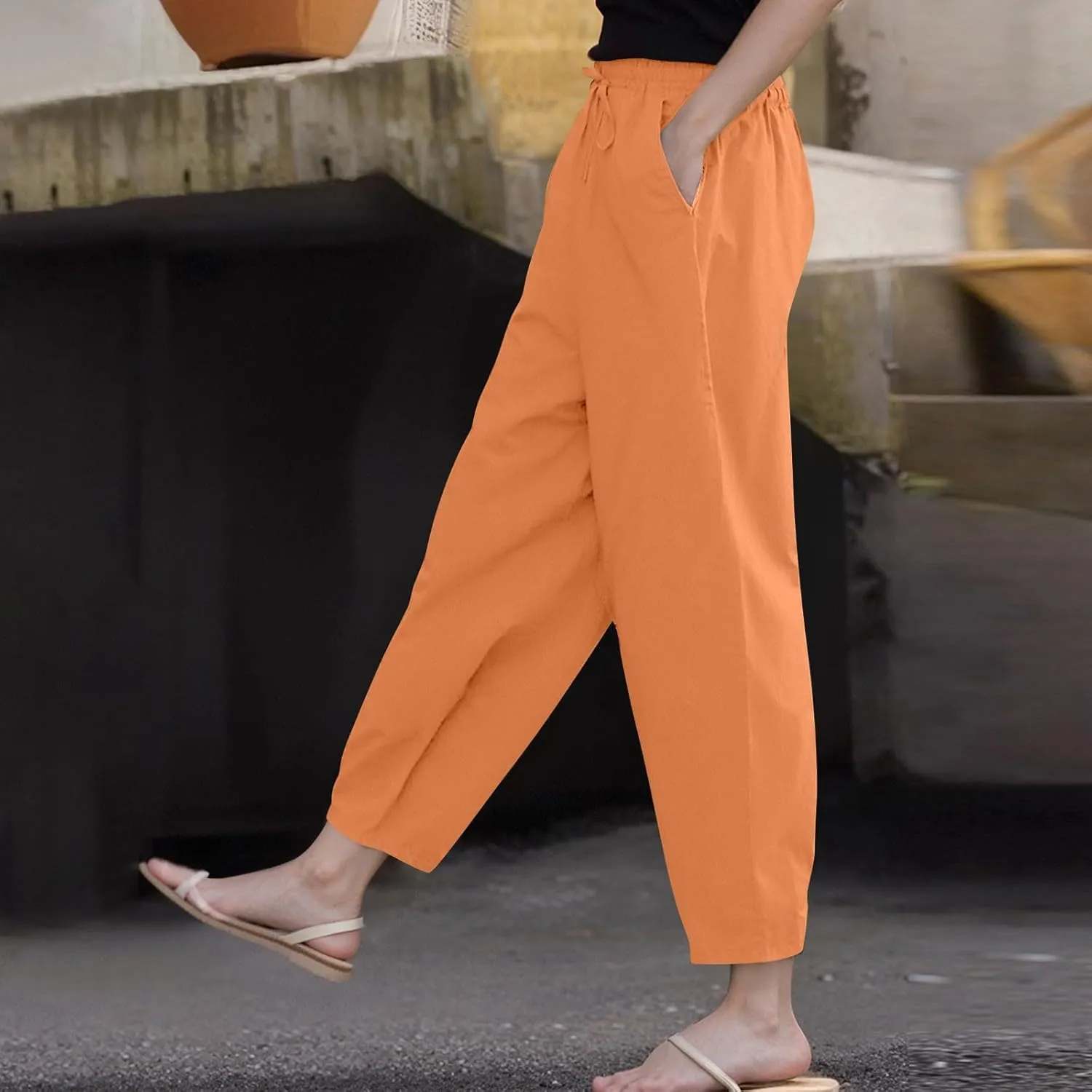 Linen Pants Women with Pockets High Elastic Waist Slim Fit Slacks Straight Leg Drawstring Palazzo Pants