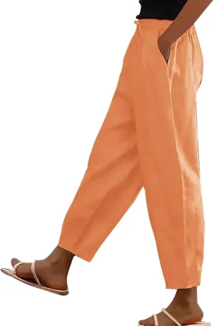 Linen Pants Women with Pockets High Elastic Waist Slim Fit Slacks Straight Leg Drawstring Palazzo Pants