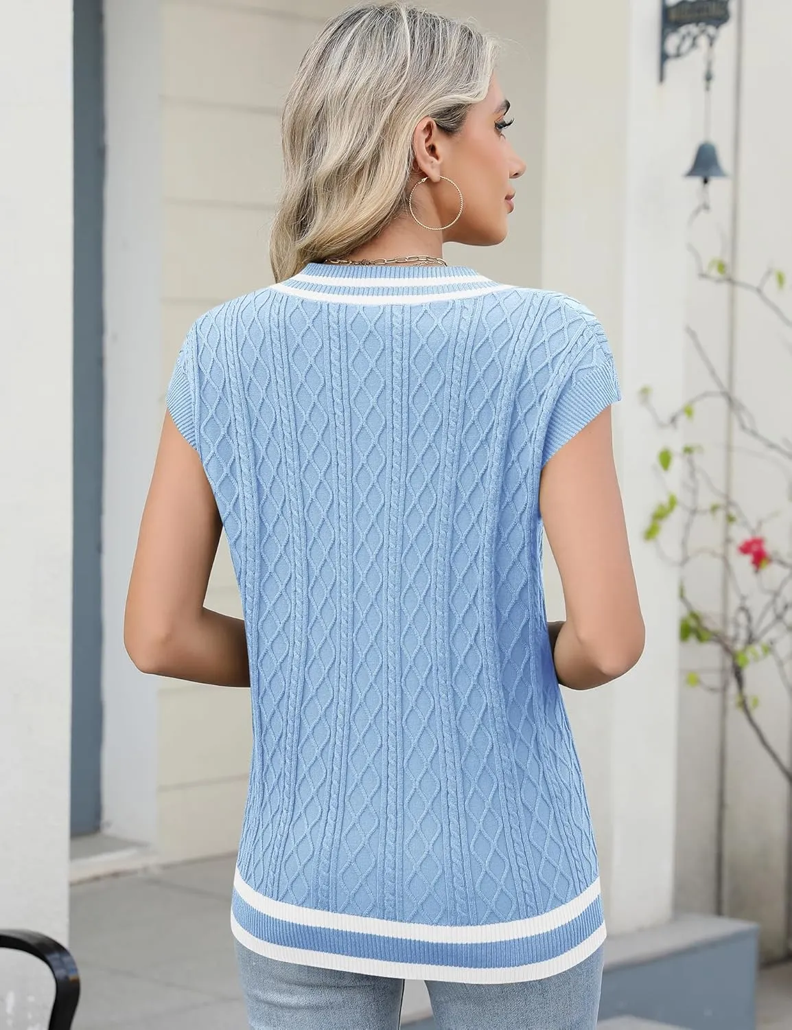 LOMON Womens V Neck Sweater Vest Cap Sleeve Cable Knit Casual Loose Fit Pullover Sleeveless Tank Top