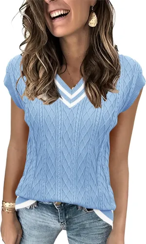 LOMON Womens V Neck Sweater Vest Cap Sleeve Cable Knit Casual Loose Fit Pullover Sleeveless Tank Top