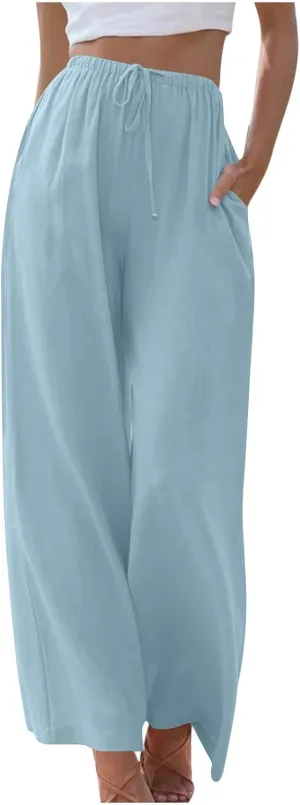 Loose Linen Pants for Women 2025 Summer Trendy Drawstring Waist Pants Beach Vacation Trousers with Pockets