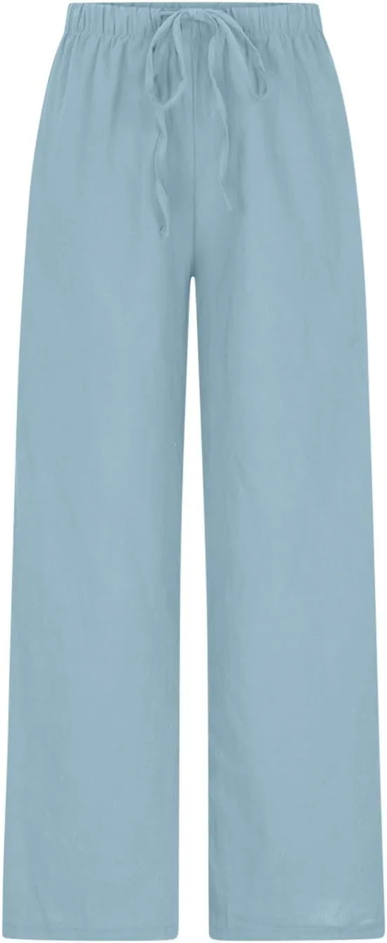 Loose Linen Pants for Women 2025 Summer Trendy Drawstring Waist Pants Beach Vacation Trousers with Pockets