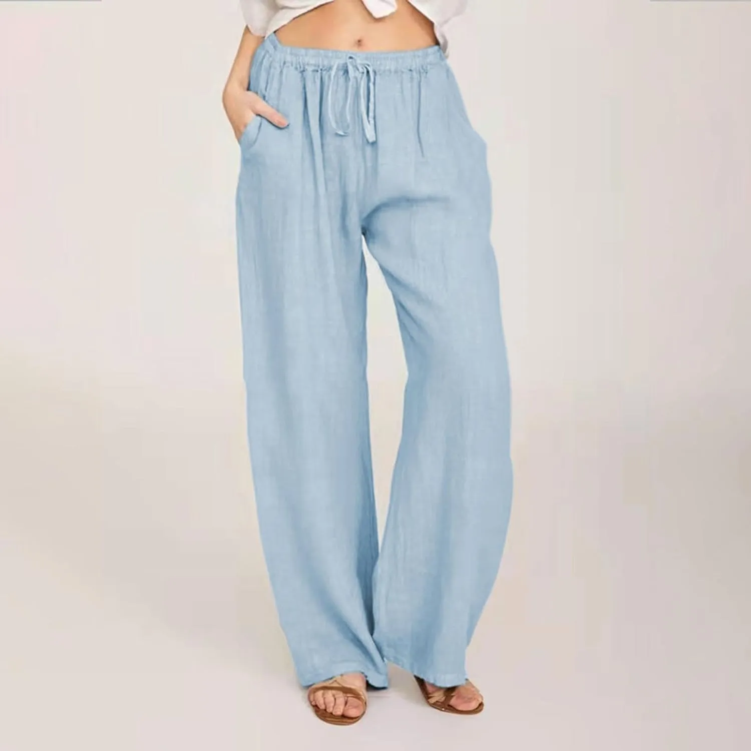 Loose Pants for Women Baggy Wide Leg Trouser Flowy Summer Linen Slacks Comfy Business Casual Pants with Pockets