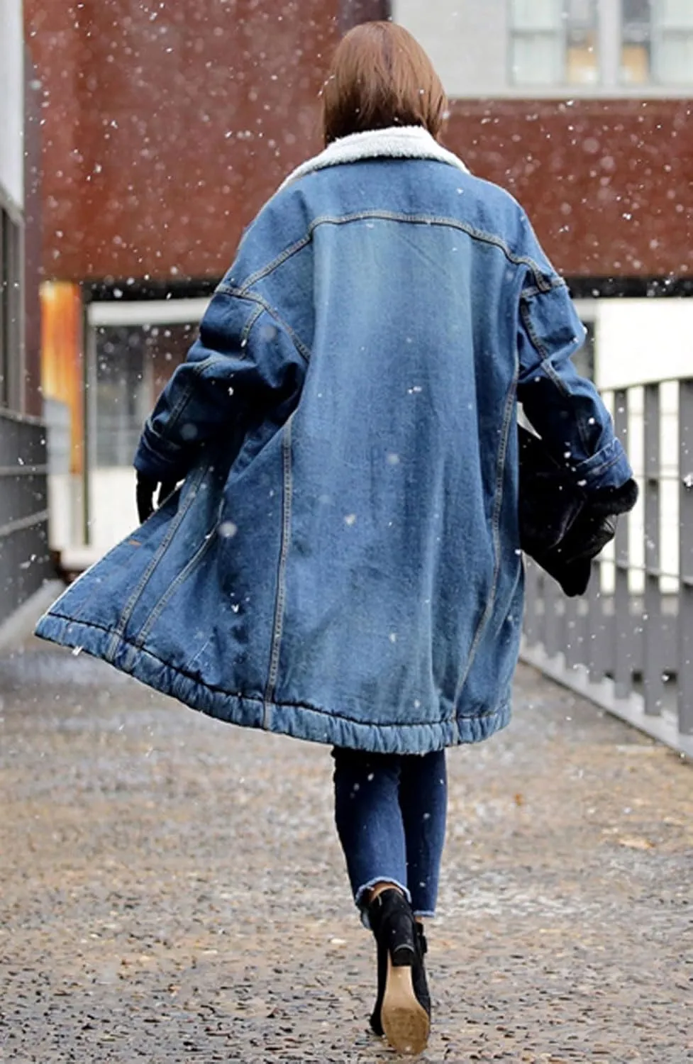 loveimgs Women Long Sherpa Fleece Lined Jeans Jacket Denim Trench Coat Thicken Button Down Patchwork Trucker Coat Overcoat