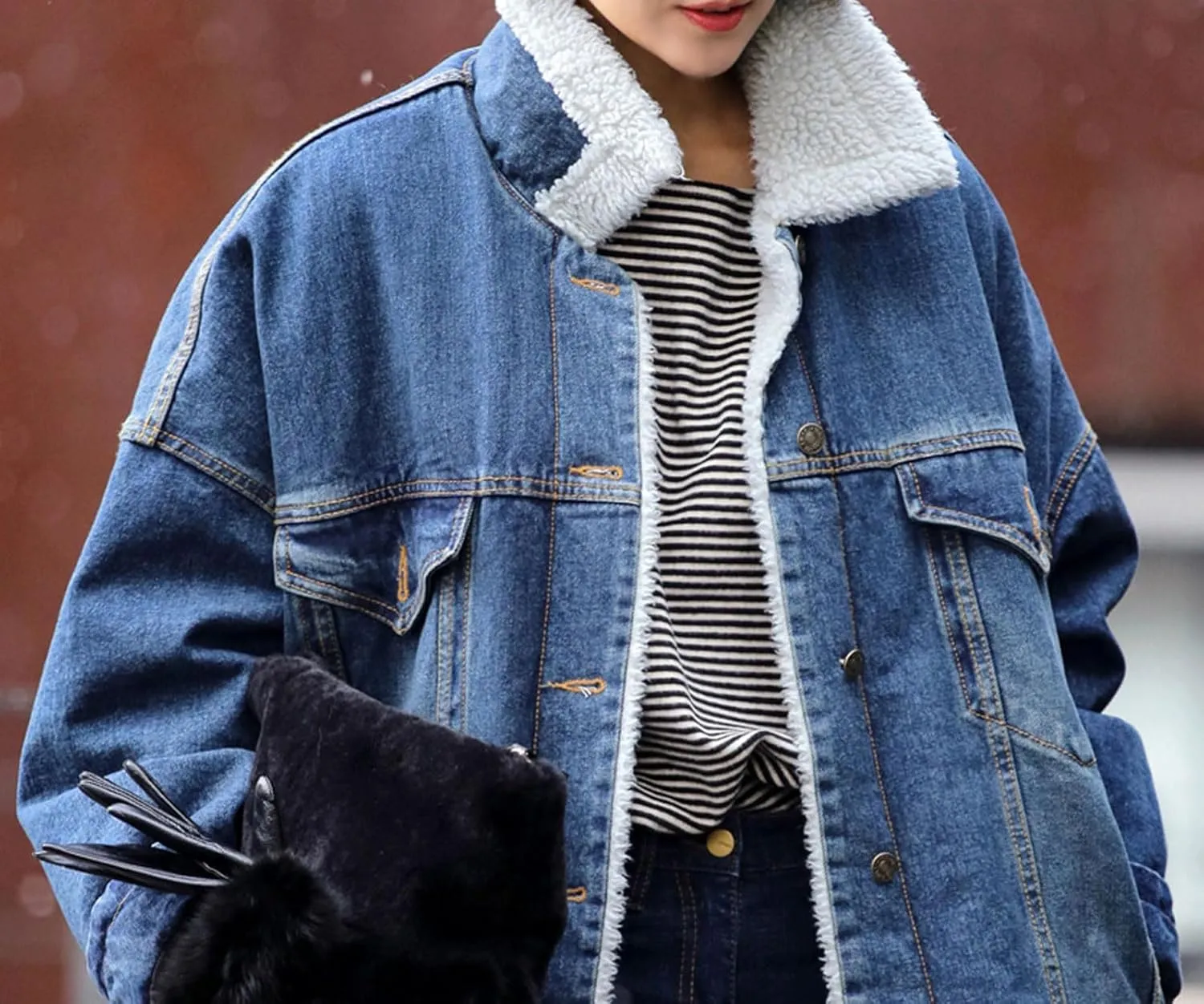 loveimgs Women Long Sherpa Fleece Lined Jeans Jacket Denim Trench Coat Thicken Button Down Patchwork Trucker Coat Overcoat