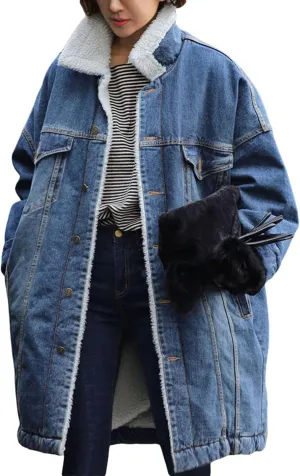 loveimgs Women Long Sherpa Fleece Lined Jeans Jacket Denim Trench Coat Thicken Button Down Patchwork Trucker Coat Overcoat