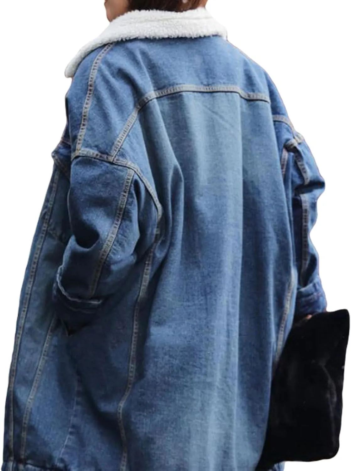 loveimgs Women Long Sherpa Fleece Lined Jeans Jacket Denim Trench Coat Thicken Button Down Patchwork Trucker Coat Overcoat