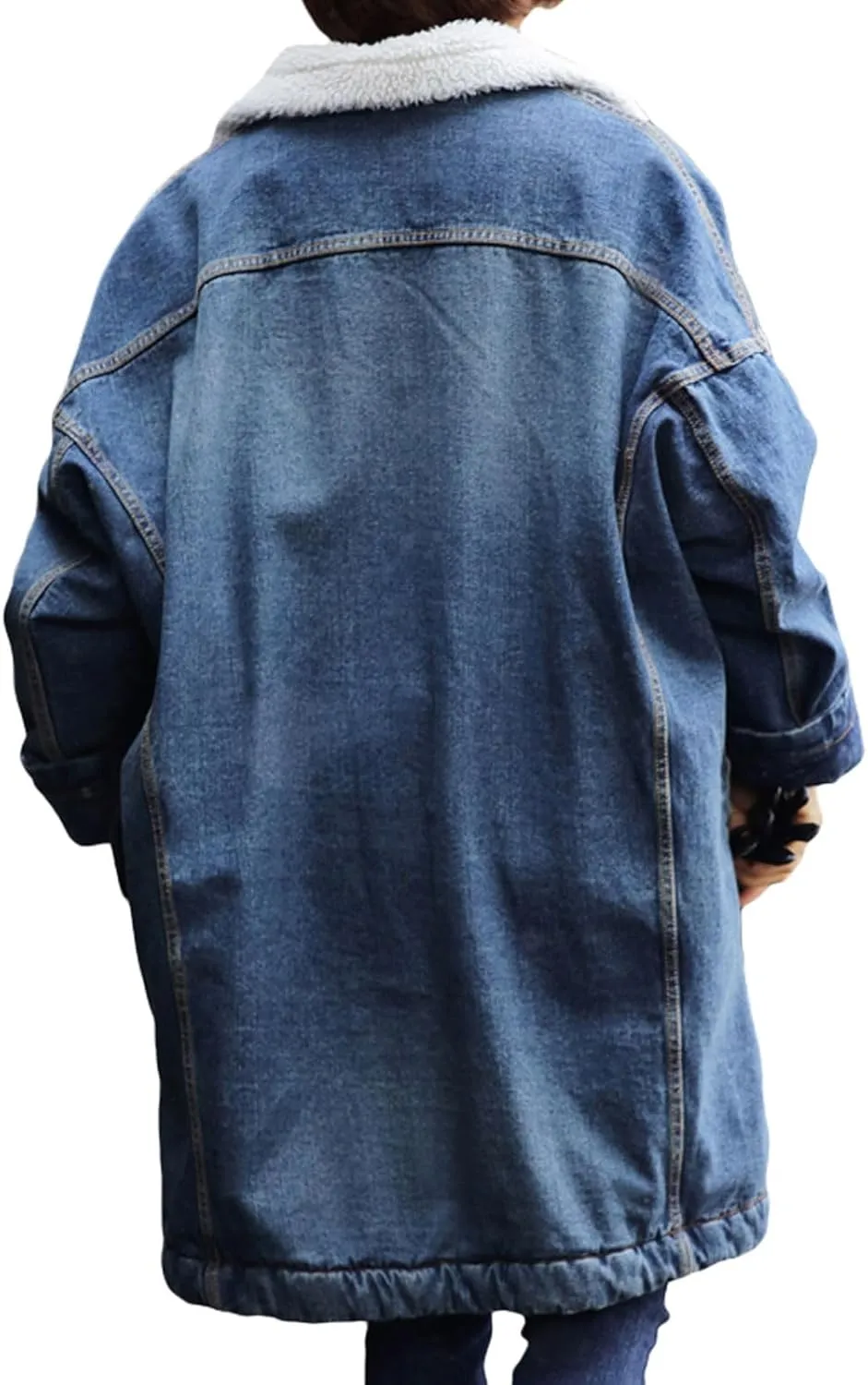 loveimgs Women Long Sherpa Fleece Lined Jeans Jacket Denim Trench Coat Thicken Button Down Patchwork Trucker Coat Overcoat