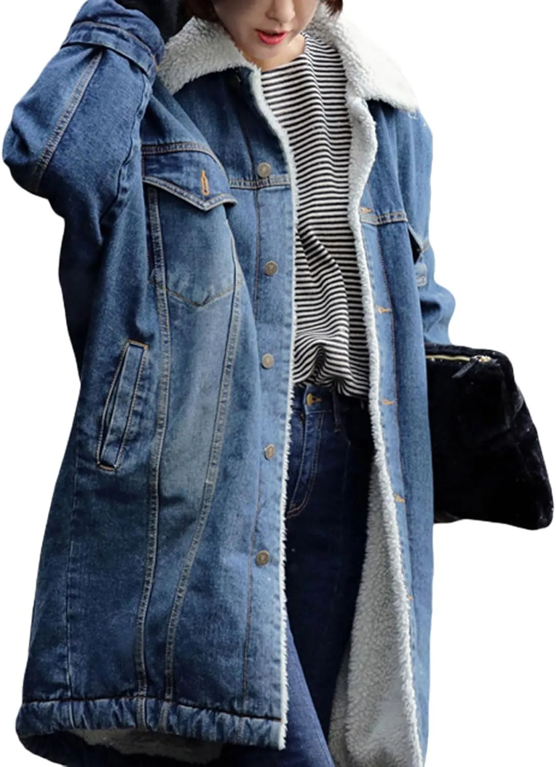 loveimgs Women Long Sherpa Fleece Lined Jeans Jacket Denim Trench Coat Thicken Button Down Patchwork Trucker Coat Overcoat