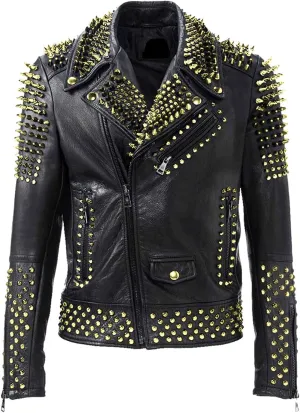 LP-FACON Mens Rock Punk Studded Leather Jacket - Brando Motorcycle Black Biker Leather Jacket Motorbike Spike Outerwear