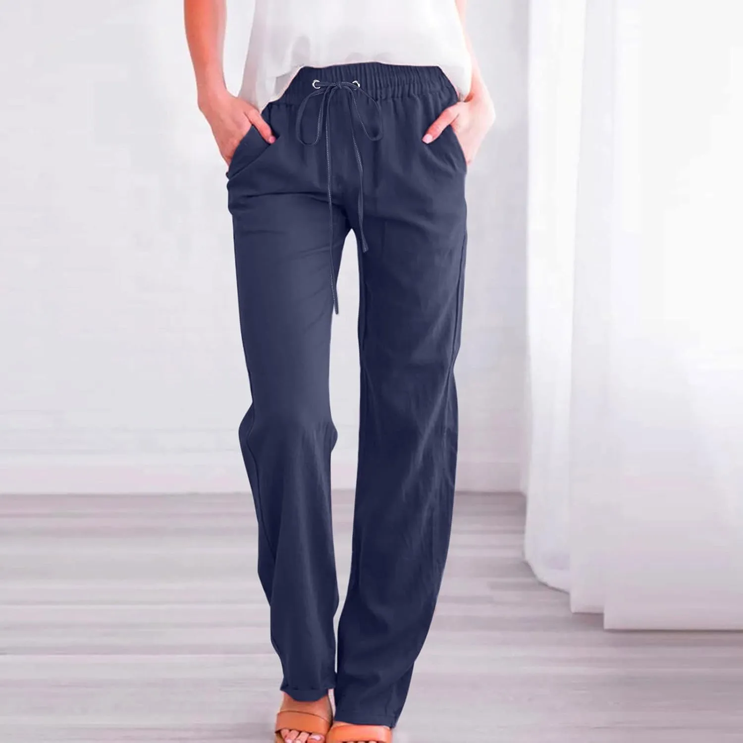 LRMQS Womens Casual Linen Pants 2024 Spring Drawstring Elastic Waist Trousers with Pockets Lounge Fashion Vacation Clothing