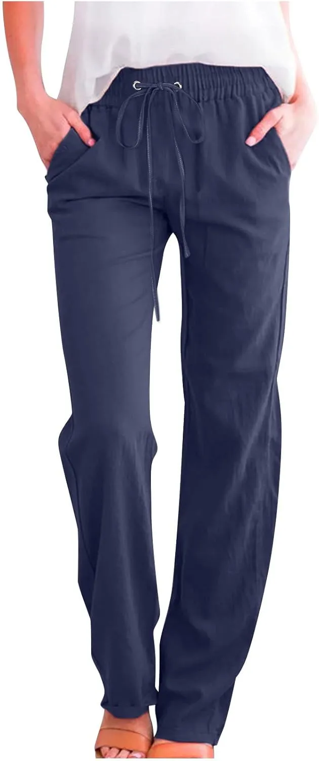 LRMQS Womens Casual Linen Pants 2024 Spring Drawstring Elastic Waist Trousers with Pockets Lounge Fashion Vacation Clothing