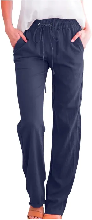 LRMQS Womens Casual Linen Pants 2024 Spring Drawstring Elastic Waist Trousers with Pockets Lounge Fashion Vacation Clothing