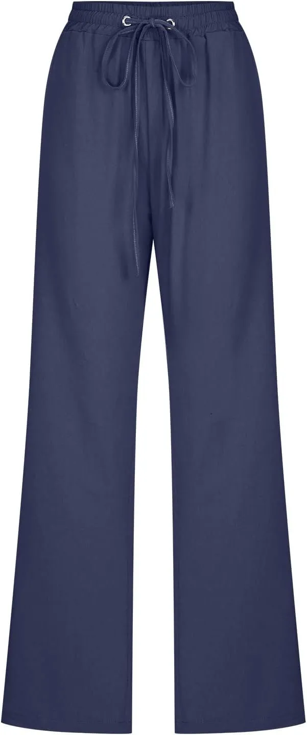 LRMQS Womens Casual Linen Pants 2024 Spring Drawstring Elastic Waist Trousers with Pockets Lounge Fashion Vacation Clothing