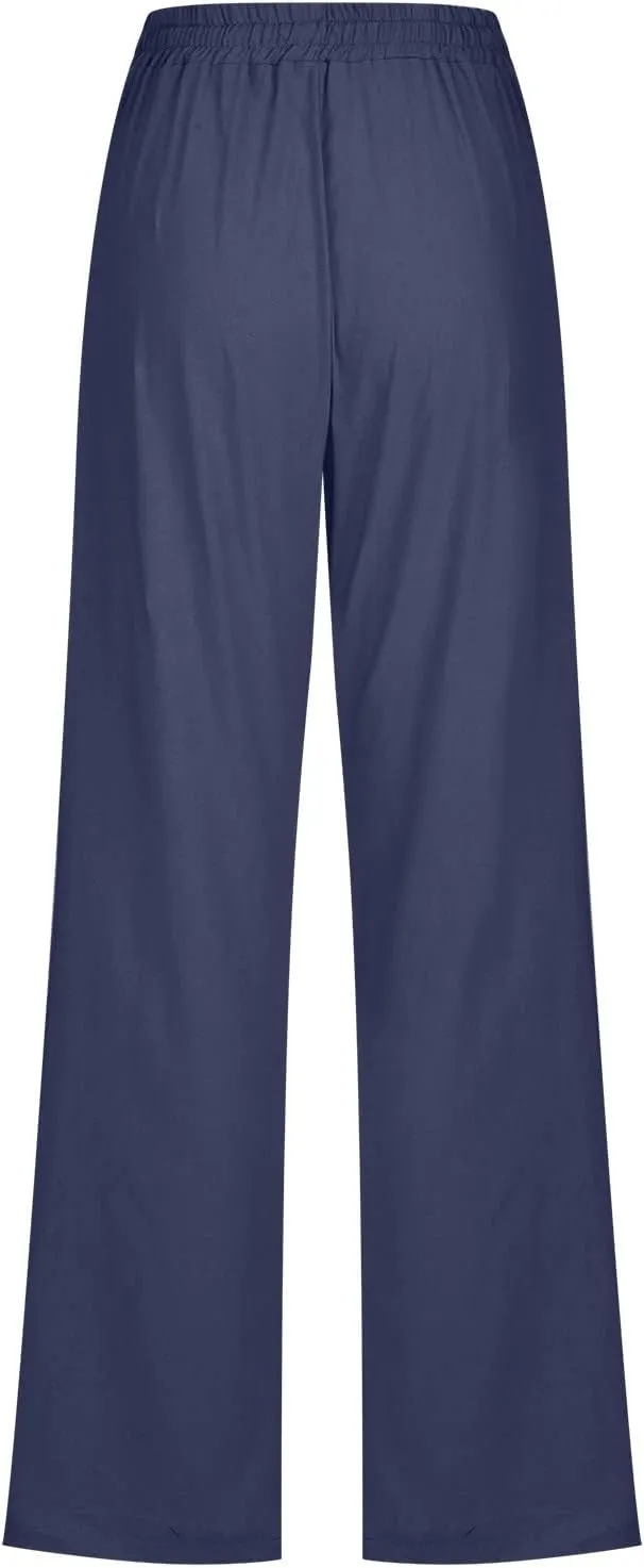LRMQS Womens Casual Linen Pants 2024 Spring Drawstring Elastic Waist Trousers with Pockets Lounge Fashion Vacation Clothing