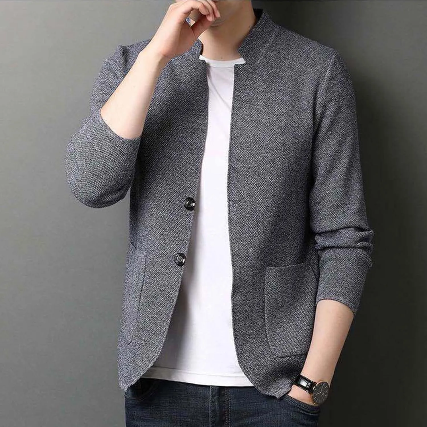 Lu's Chic Men's Soft Knit Blazer Open Front Cardigan Sweater Lightweight Mandarin Collar Slim Fit Casual Sports Coats Jacket